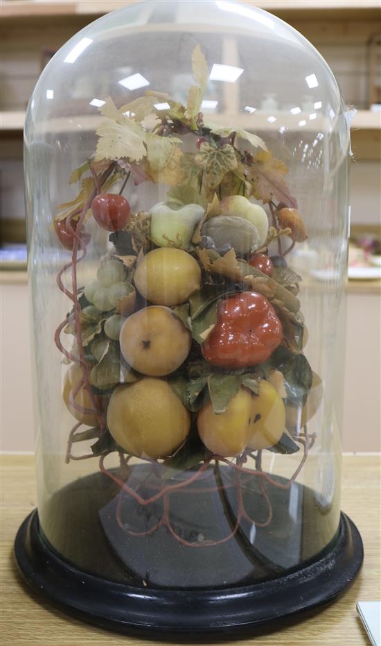 A wax fruit display, under glass dome height 44cm